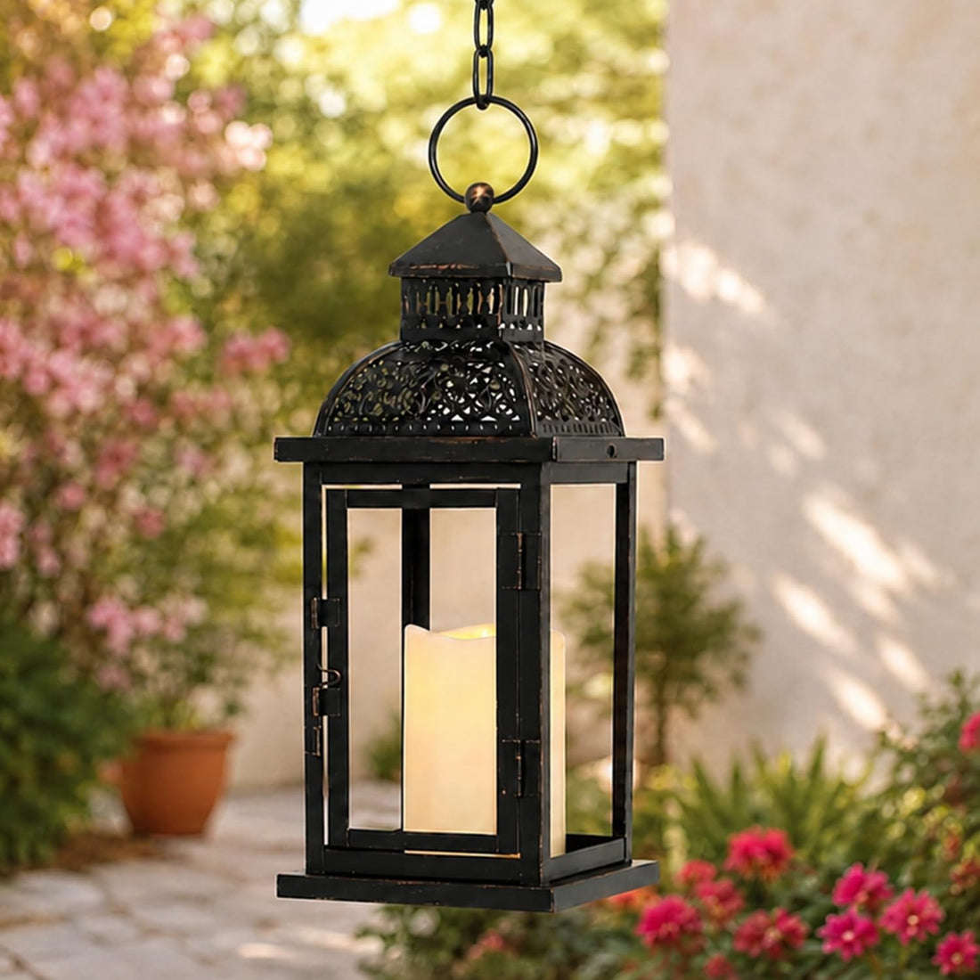 15 Inch No-Glass Metal Hanging Lantern with LED Candle, Vintage Rustic Decor