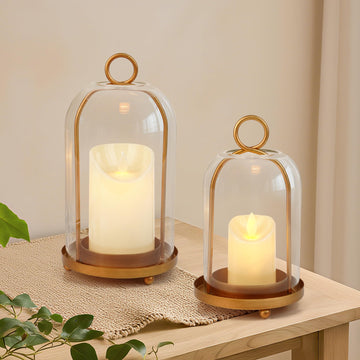 Glass Hurricane Candle Holder Set of 2, Gold Metal with Hangers
