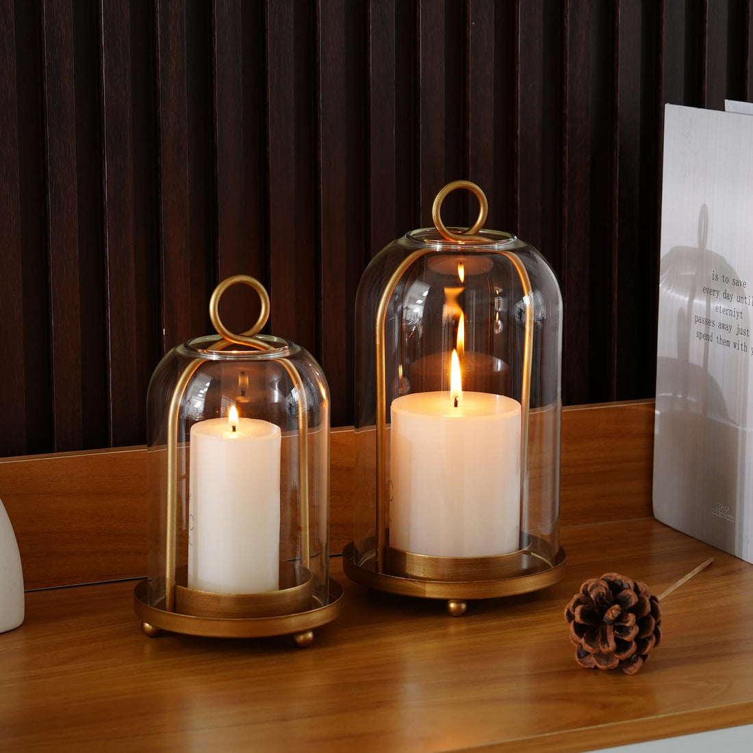 Glass Hurricane Candle Holder Set of 2, Gold Metal with Hangers