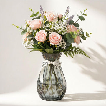 Grey Gradient Crystal Glass Vase with Ribbon, Mini Table Centerpiece