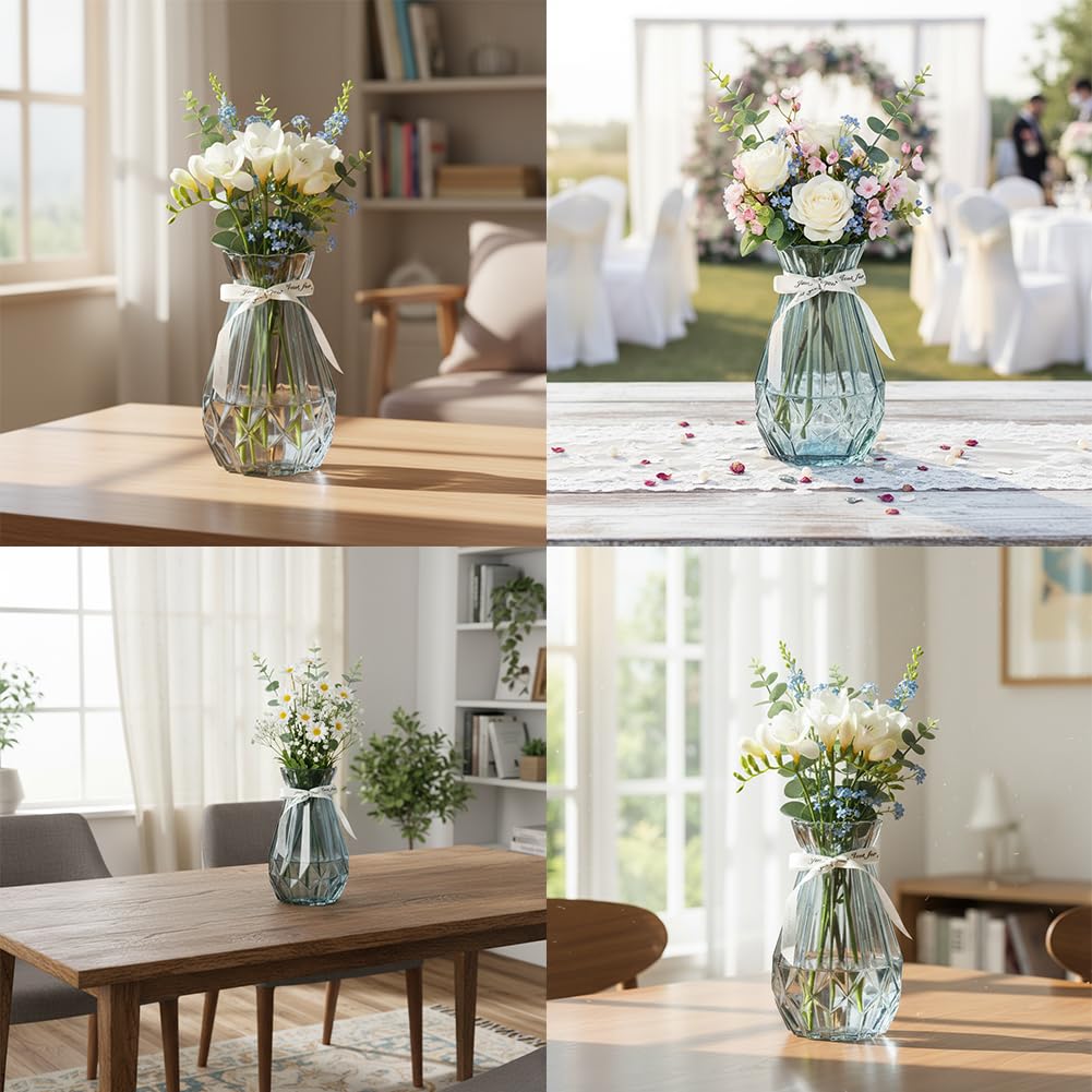 Grey Gradient Crystal Glass Vase with Ribbon, Mini Table Centerpiece