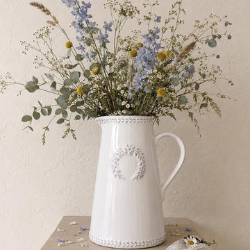 9.3 Inch Farmhouse White Ceramic Pitcher Vase with Handle