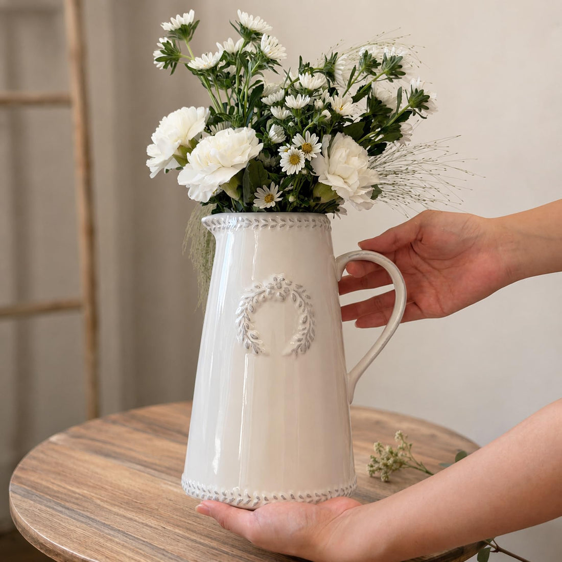 9.3 Inch Farmhouse White Ceramic Pitcher Vase with Handle