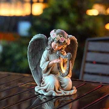 Solar Powered Angel with Harp Statue, Waterproof Garden Art with Auto-Sensing Glow