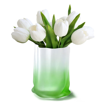 8 Inch Green White Gradient Frosted Glass Vase, Irregular Shape Heavy Duty