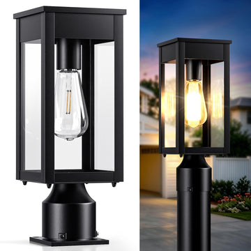 15.5 Inch Outdoor Solar Post Light, Black Square Design with Dusk-to-Dawn Sensor