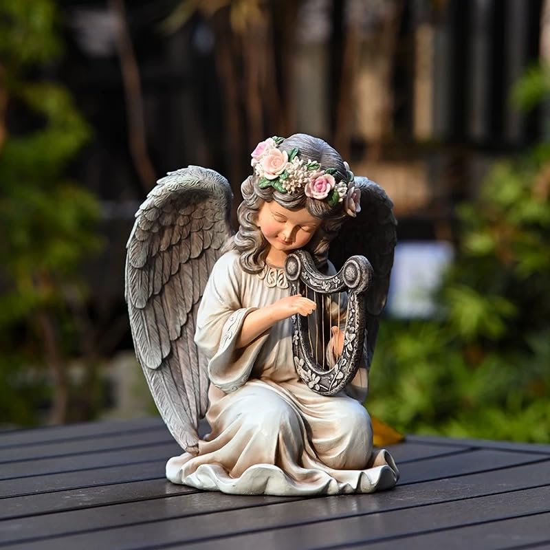 Solar Powered Angel with Harp Statue, Waterproof Garden Art with Auto-Sensing Glow