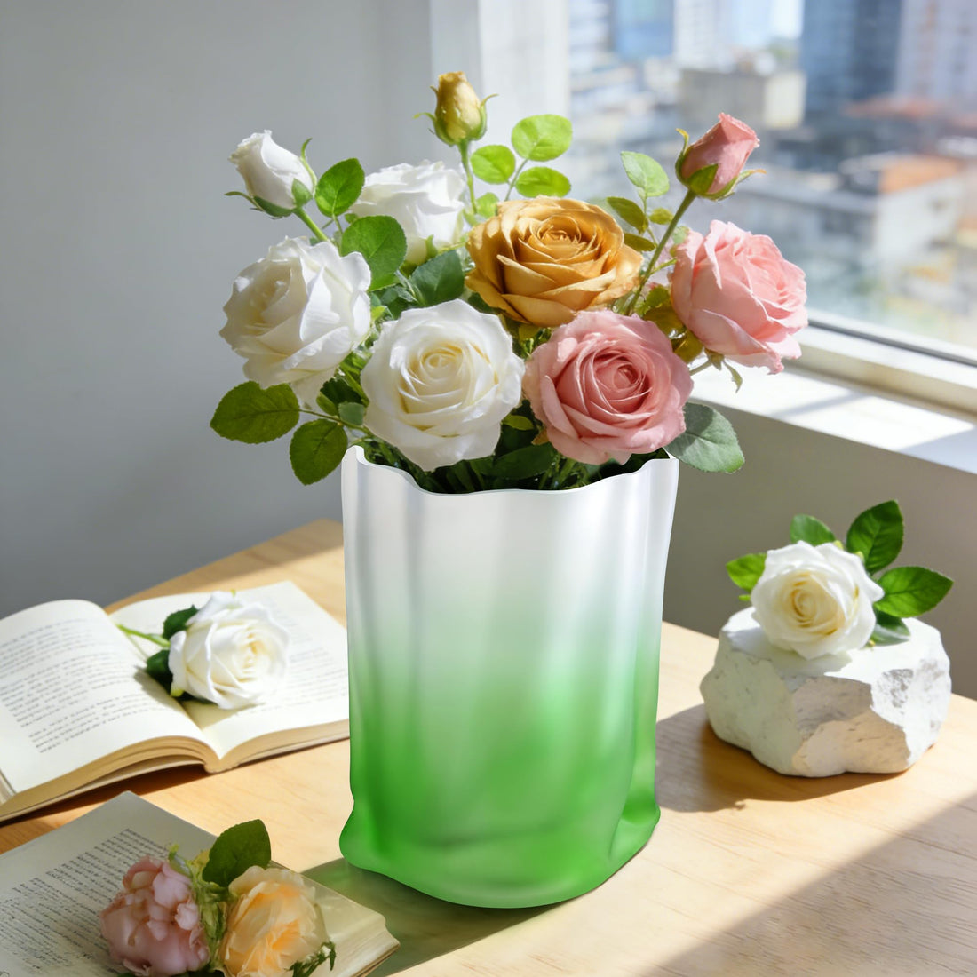 8 Inch Green White Gradient Frosted Glass Vase, Irregular Shape Heavy Duty
