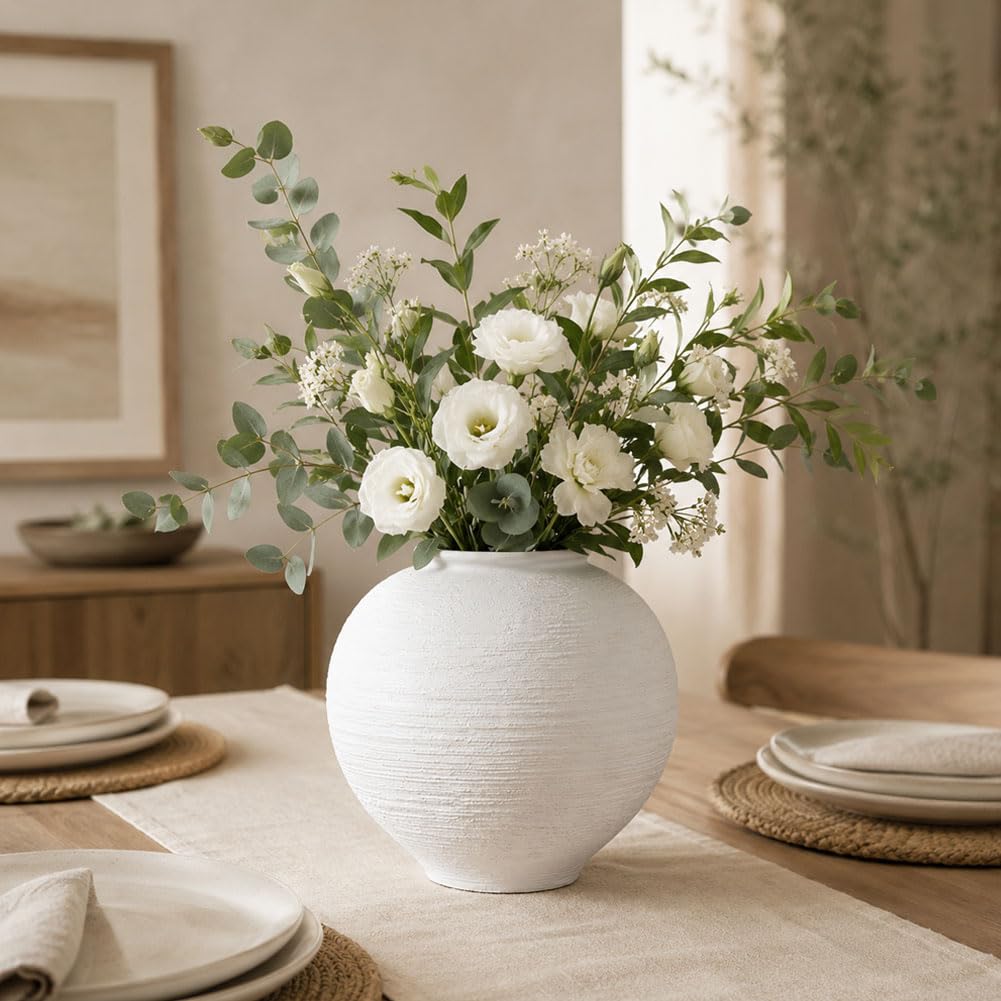 9 Inch Large White Ceramic Vase with Wide Opening