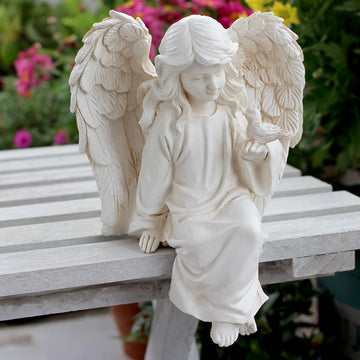 Sitting Angel Garden Statue with Bird, 6 Inch Resin Figurine
