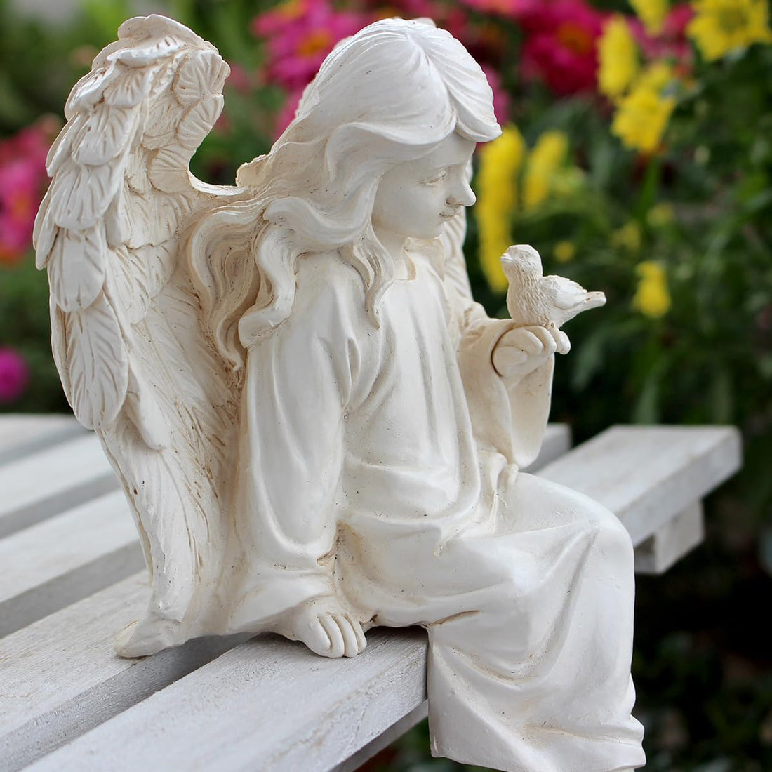 Sitting Angel Garden Statue with Bird, 6 Inch Resin Figurine