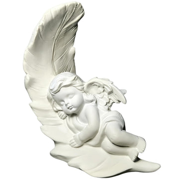 Left-Sleeping Cherub Angel Statue with Moon and Feather Base