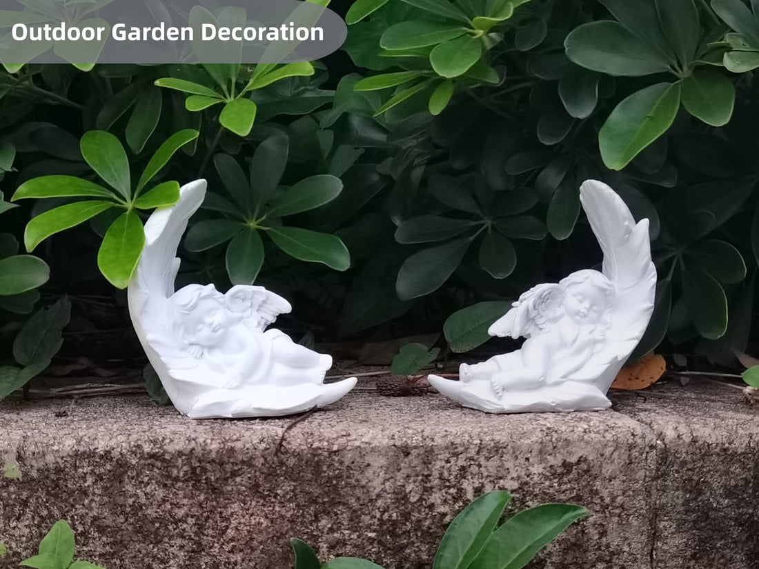 Left-Sleeping Cherub Angel Statue with Moon and Feather Base